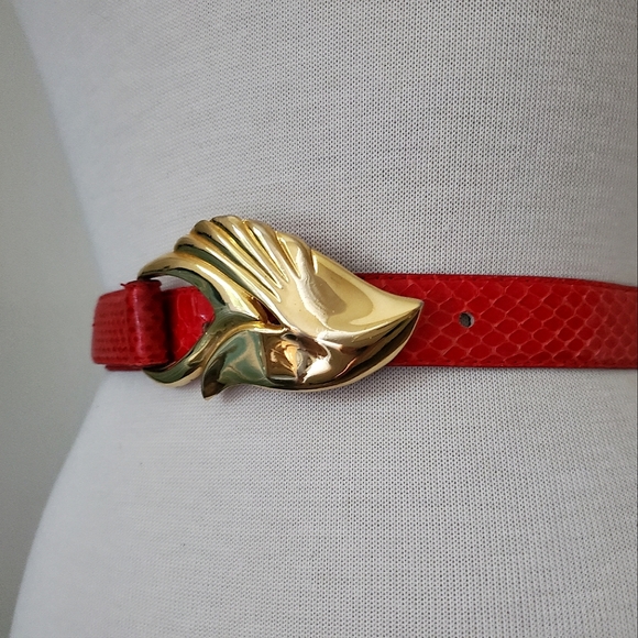 Vintage red leather gold hardware waist belt western‎ art deco boho snake Small - Picture 4 of 6
